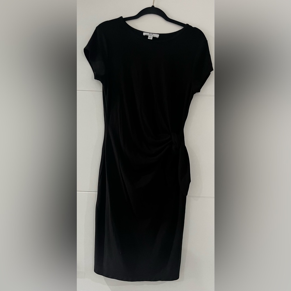 Magaschoni Tie Front Dress, Black, Sz. Large, Short Sleeve Designer Midi Dress